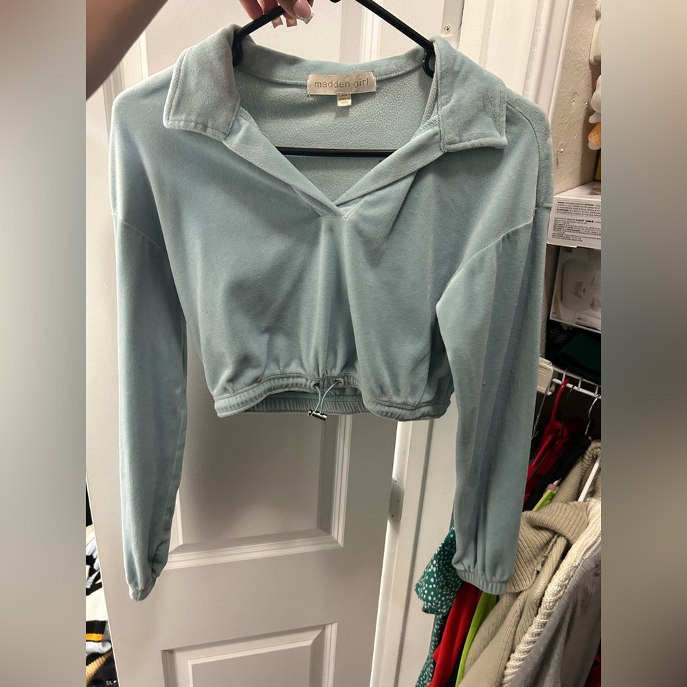 Madden Girl Pale Blue Cropped Pullover Hoodie